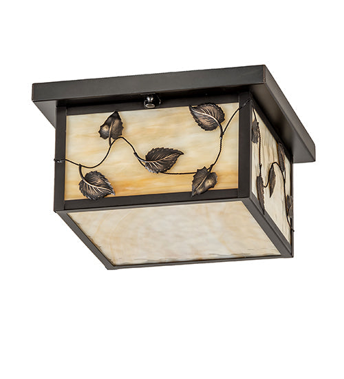 Meyda Lighting Hyde Park 17" 2-Light Craftsman Brown Vine Leaf Flush Mount Light With Beige Art Shade Glass