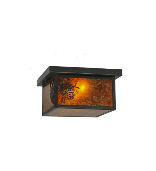 Meyda Lighting Hyde Park 17" 2-Light Craftsman Brown Winter Pine Flush Mount Light With Amber Mica Shade Glass