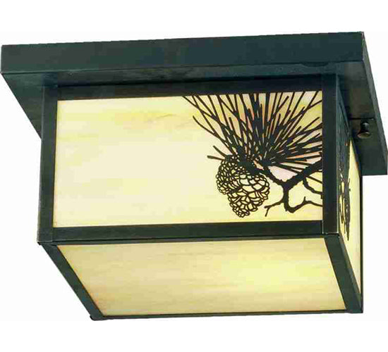 Meyda Lighting Hyde Park 17" 2-Light Craftsman Brown Winter Pine Flush Mount Light With Beige Iridescent Shade Glass