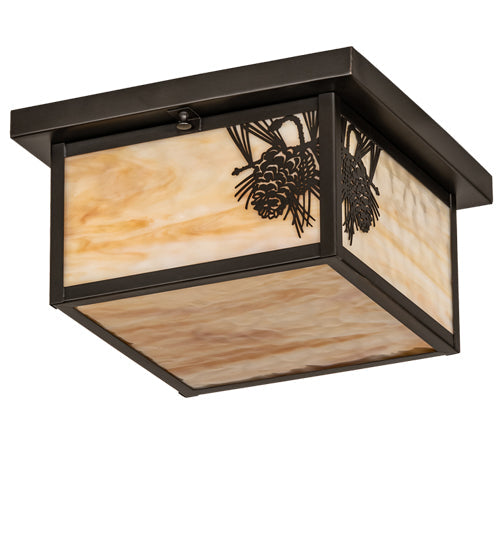 Meyda Lighting Hyde Park 17" 2-Light Craftsman Brown Winter Pine Flush Mount Light With Beige Shade Glass