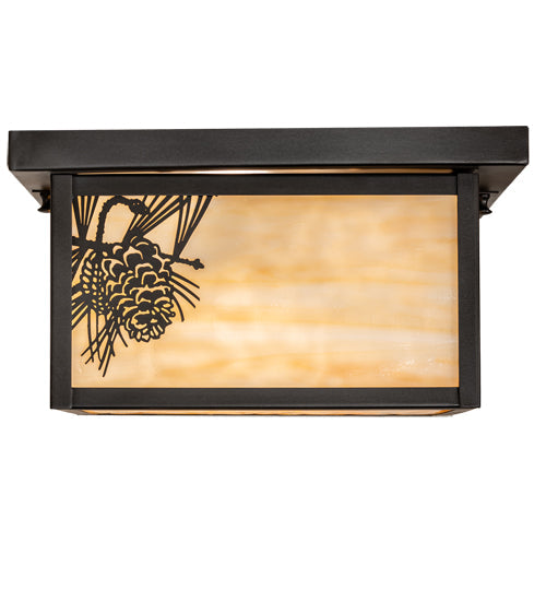 Meyda Lighting Hyde Park 17" 2-Light Craftsman Brown Winter Pine Flush Mount Light With Beige Shade Glass