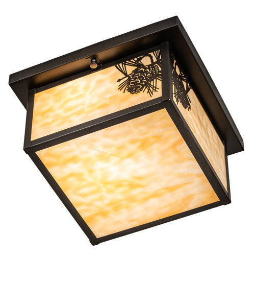 Meyda Lighting Hyde Park 17" 2-Light Craftsman Brown Winter Pine Flush Mount Light With Beige Shade Glass