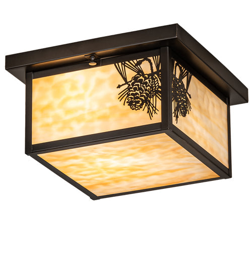 Meyda Lighting Hyde Park 17" 2-Light Craftsman Brown Winter Pine Flush Mount Light With Beige Shade Glass