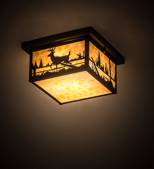 Meyda Lighting Hyde Park 17" 2-Light Textured Black Deer Creek Flush Mount Light With Beige Art Shade Glass