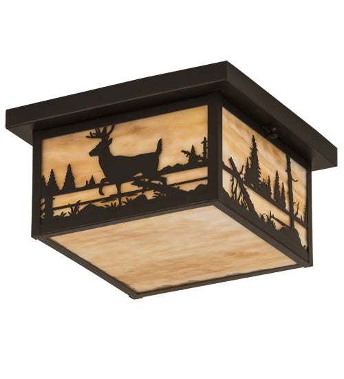 Meyda Lighting Hyde Park 17" 2-Light Textured Black Deer Creek Flush Mount Light With Beige Art Shade Glass