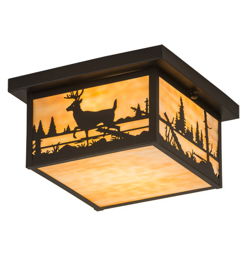 Meyda Lighting Hyde Park 17" 2-Light Textured Black Deer Creek Flush Mount Light With Beige Art Shade Glass