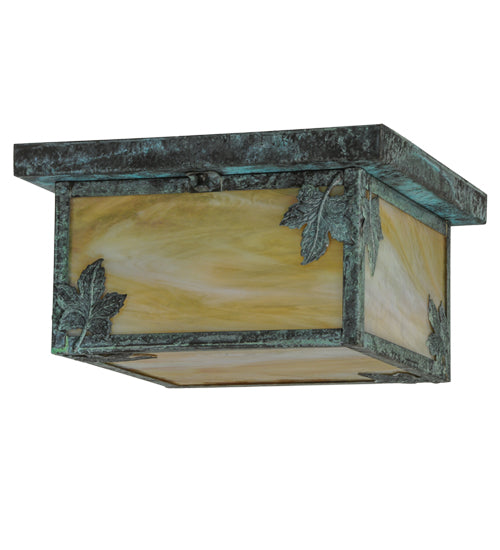 Meyda Lighting Hyde Park 17" 2-Light Verdigris Maple Leaf Flush Mount Light With Beige Iridescent Shade Glass