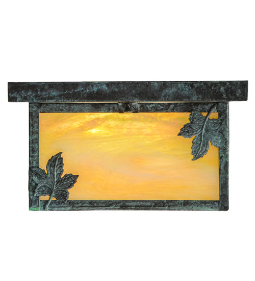 Meyda Lighting Hyde Park 17" 2-Light Verdigris Maple Leaf Flush Mount Light With Beige Iridescent Shade Glass