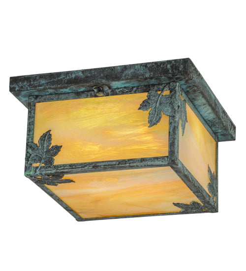 Meyda Lighting Hyde Park 17" 2-Light Verdigris Maple Leaf Flush Mount Light With Beige Iridescent Shade Glass