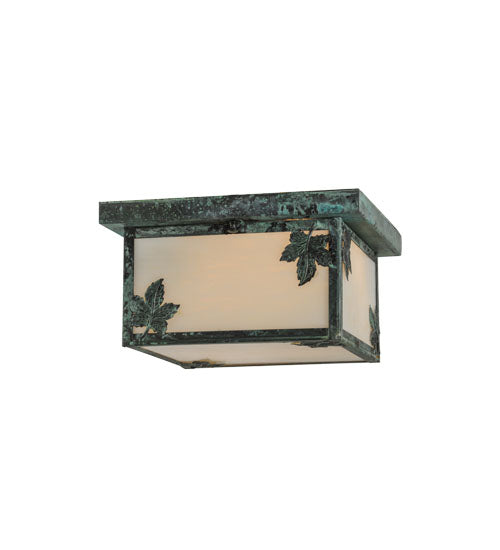 Meyda Lighting Hyde Park 17" 2-Light Verdigris Maple Leaf Flush Mount Light With White Art Shade Glass