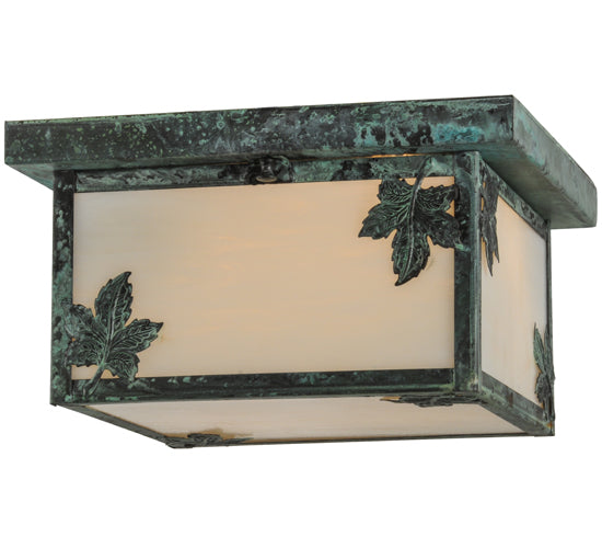 Meyda Lighting Hyde Park 17" 2-Light Verdigris Maple Leaf Flush Mount Light With White Art Shade Glass