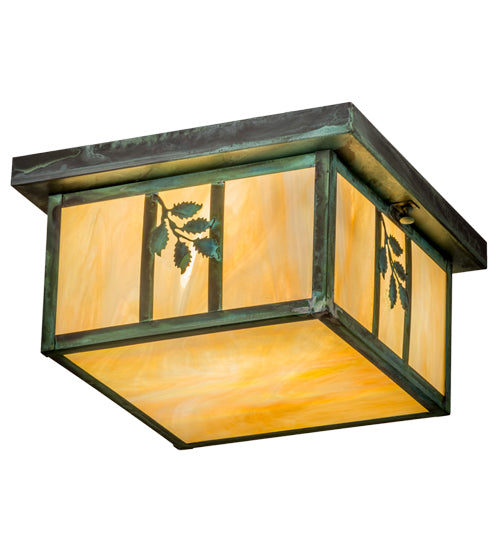 Meyda Lighting Hyde Park 17" 2-Light Verdigris Sprig Flush Mount Light With Beige Iridescent Shade Glass