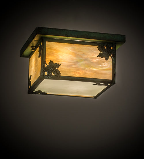 Meyda Lighting Hyde Park 17" 4-Light Verdigris Maple Leaf Flush Mount Light With Beige Iridescent Shade Glass