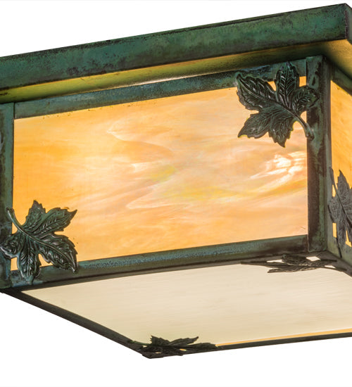 Meyda Lighting Hyde Park 17" 4-Light Verdigris Maple Leaf Flush Mount Light With Beige Iridescent Shade Glass