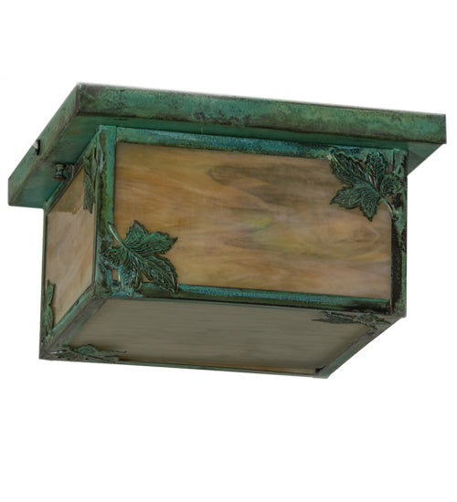 Meyda Lighting Hyde Park 17" 4-Light Verdigris Maple Leaf Flush Mount Light With Beige Iridescent Shade Glass