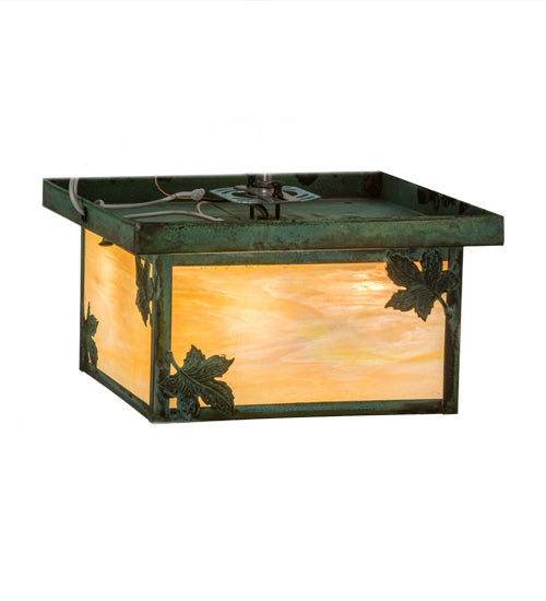 Meyda Lighting Hyde Park 17" 4-Light Verdigris Maple Leaf Flush Mount Light With Beige Iridescent Shade Glass