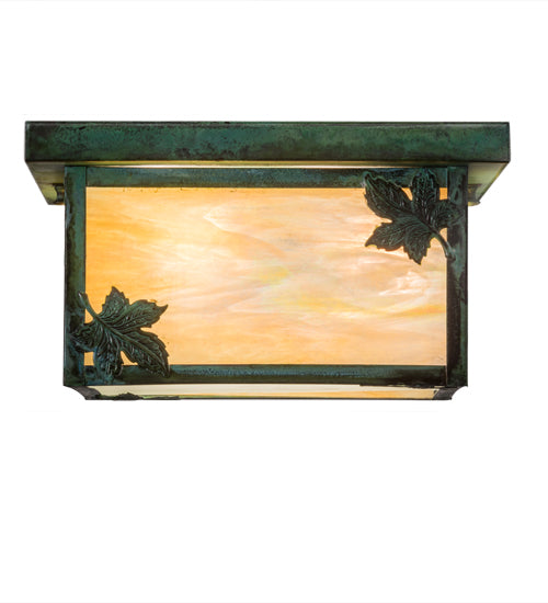 Meyda Lighting Hyde Park 17" 4-Light Verdigris Maple Leaf Flush Mount Light With Beige Iridescent Shade Glass