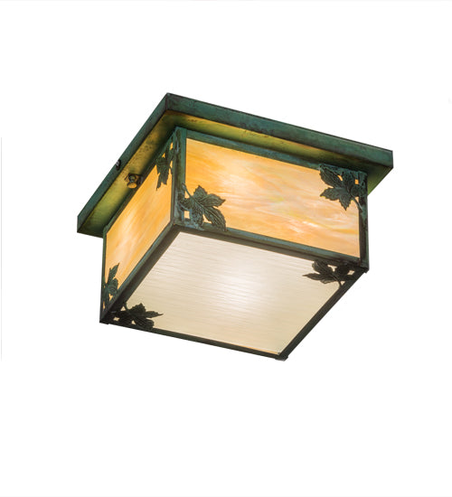 Meyda Lighting Hyde Park 17" 4-Light Verdigris Maple Leaf Flush Mount Light With Beige Iridescent Shade Glass