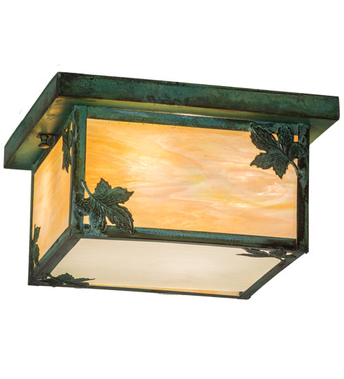 Meyda Lighting Hyde Park 17" 4-Light Verdigris Maple Leaf Flush Mount Light With Beige Iridescent Shade Glass