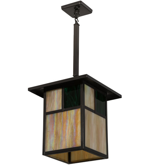 Meyda Lighting Hyde Park 17" Craftsman Brown Pendant Light With Beige Iridescent & Green Shade Glass
