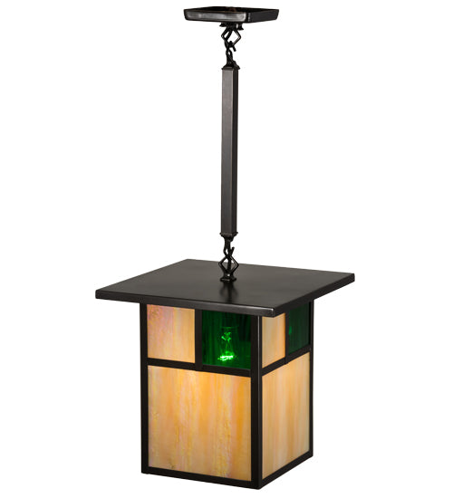Meyda Lighting Hyde Park 17" Craftsman Brown Pendant Light With Beige Iridescent & Green Shade Glass
