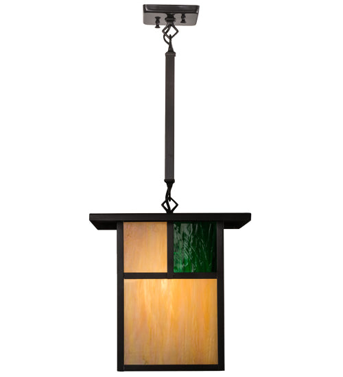 Meyda Lighting Hyde Park 17" Craftsman Brown Pendant Light With Beige Iridescent & Green Shade Glass