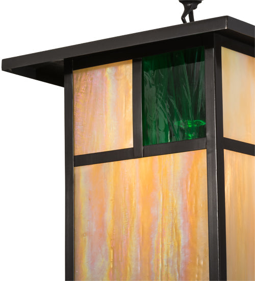 Meyda Lighting Hyde Park 17" Craftsman Brown Pendant Light With Beige Iridescent & Green Shade Glass