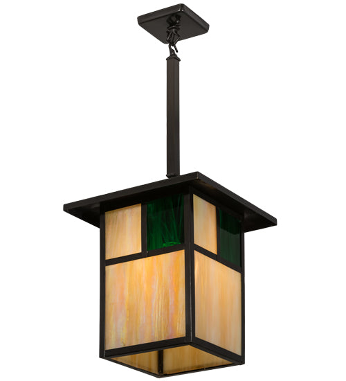 Meyda Lighting Hyde Park 17" Craftsman Brown Pendant Light With Beige Iridescent & Green Shade Glass
