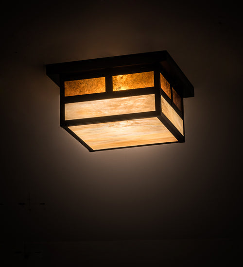 Meyda Lighting Hyde Park 17" Craftsman Brown "T" Mission Flush Mount Light With Beige Iridescent And Amber Mica Shade Glass