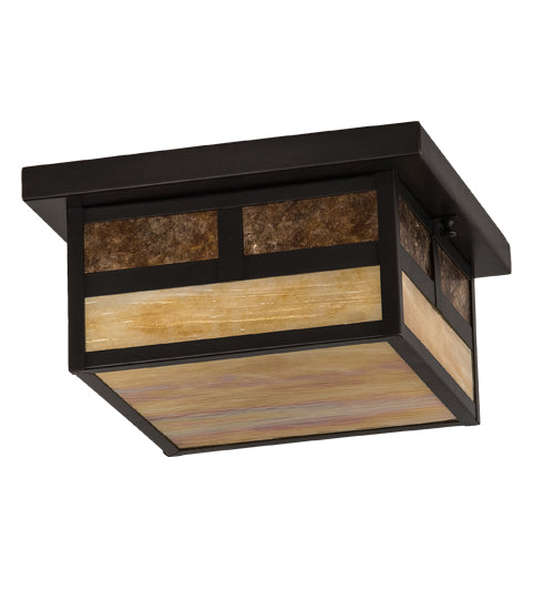 Meyda Lighting Hyde Park 17" Craftsman Brown "T" Mission Flush Mount Light With Beige Iridescent And Amber Mica Shade Glass