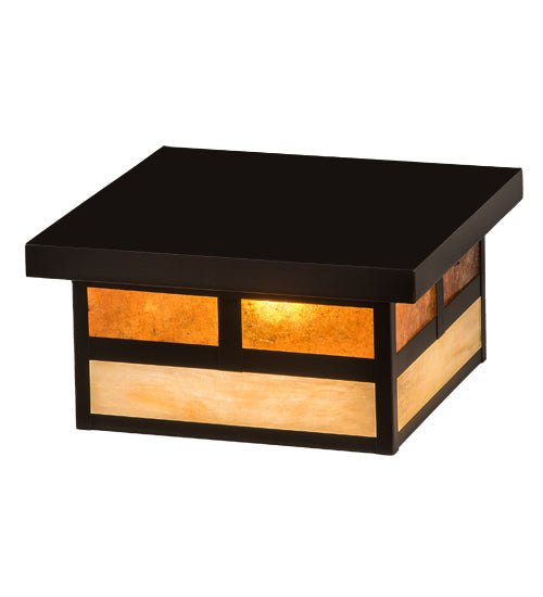 Meyda Lighting Hyde Park 17" Craftsman Brown "T" Mission Flush Mount Light With Beige Iridescent And Amber Mica Shade Glass