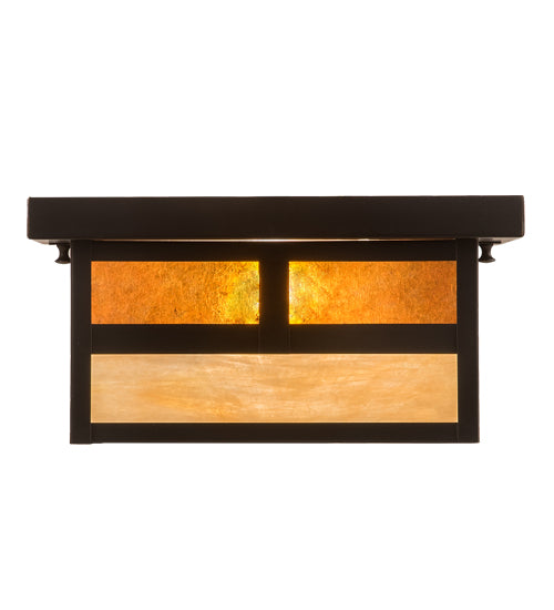 Meyda Lighting Hyde Park 17" Craftsman Brown "T" Mission Flush Mount Light With Beige Iridescent And Amber Mica Shade Glass