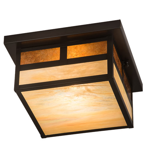 Meyda Lighting Hyde Park 17" Craftsman Brown "T" Mission Flush Mount Light With Beige Iridescent And Amber Mica Shade Glass