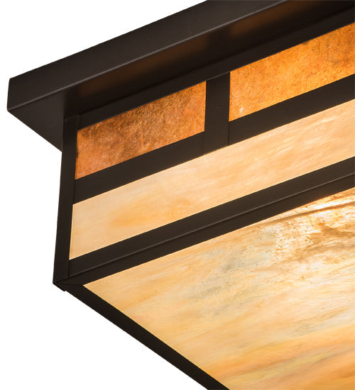 Meyda Lighting Hyde Park 17" Craftsman Brown "T" Mission Flush Mount Light With Beige Iridescent And Amber Mica Shade Glass