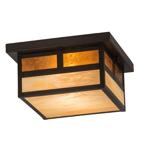 Meyda Lighting Hyde Park 17" Craftsman Brown "T" Mission Flush Mount Light With Beige Iridescent And Amber Mica Shade Glass