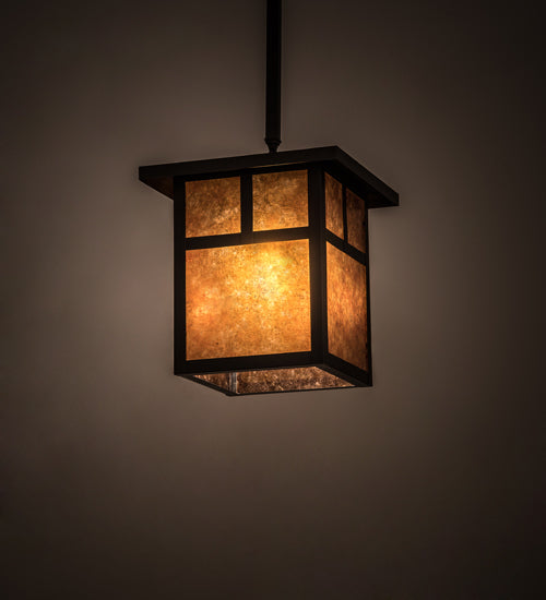 Meyda Lighting Hyde Park 17" Craftsman Brown "T" Mission Pendant Light With Amber Mica Shade Glass