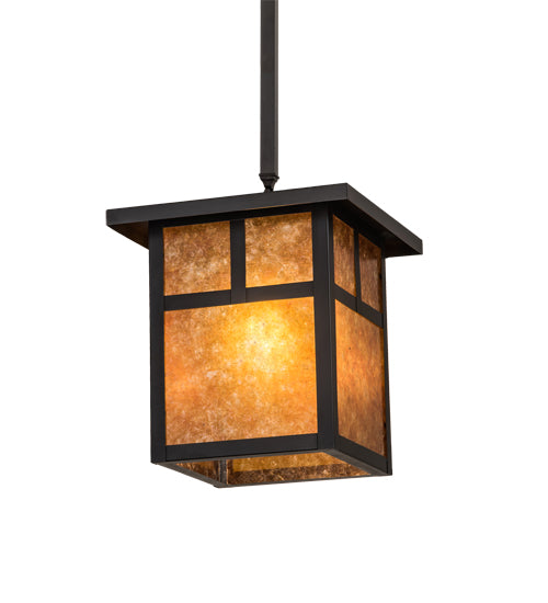 Meyda Lighting Hyde Park 17" Craftsman Brown "T" Mission Pendant Light With Amber Mica Shade Glass