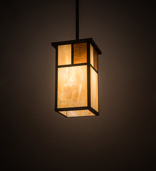 Meyda Lighting Hyde Park 17" Craftsman Brown "T" Mission Pendant Light With Beige Art & Amber Mica Shade