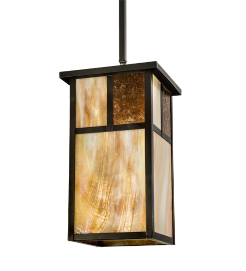 Meyda Lighting Hyde Park 17" Craftsman Brown "T" Mission Pendant Light With Beige Art & Amber Mica Shade