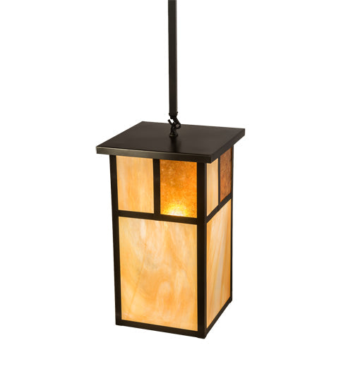 Meyda Lighting Hyde Park 17" Craftsman Brown "T" Mission Pendant Light With Beige Art & Amber Mica Shade