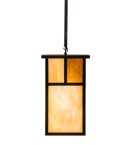 Meyda Lighting Hyde Park 17" Craftsman Brown "T" Mission Pendant Light With Beige Art & Amber Mica Shade