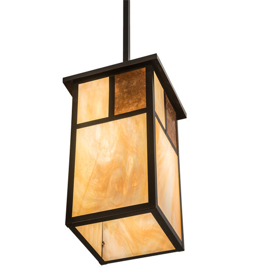 Meyda Lighting Hyde Park 17" Craftsman Brown "T" Mission Pendant Light With Beige Art & Amber Mica Shade