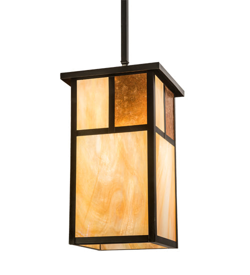 Meyda Lighting Hyde Park 17" Craftsman Brown "T" Mission Pendant Light With Beige Art & Amber Mica Shade