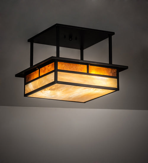 Meyda Lighting Hyde Park 18"Sq 2-Light Craftsman Brown "T" Mission Flush Mount Light With Beige Iridescent And Amber Mica Shade Glass
