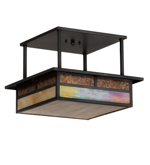 Meyda Lighting Hyde Park 18"Sq 2-Light Craftsman Brown "T" Mission Flush Mount Light With Beige Iridescent And Amber Mica Shade Glass