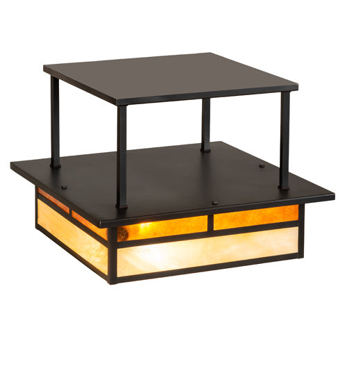 Meyda Lighting Hyde Park 18"Sq 2-Light Craftsman Brown "T" Mission Flush Mount Light With Beige Iridescent And Amber Mica Shade Glass