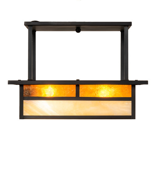 Meyda Lighting Hyde Park 18"Sq 2-Light Craftsman Brown "T" Mission Flush Mount Light With Beige Iridescent And Amber Mica Shade Glass