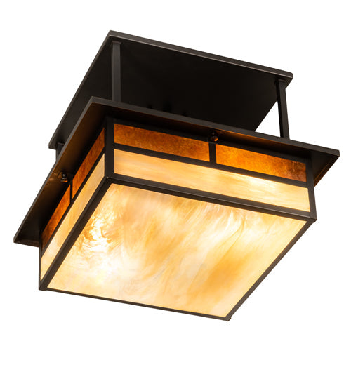 Meyda Lighting Hyde Park 18"Sq 2-Light Craftsman Brown "T" Mission Flush Mount Light With Beige Iridescent And Amber Mica Shade Glass