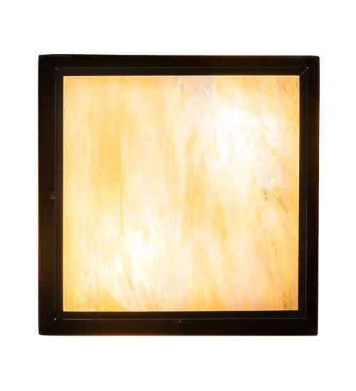 Meyda Lighting Hyde Park 18"Sq 2-Light Craftsman Brown "T" Mission Flush Mount Light With Beige Iridescent And Amber Mica Shade Glass