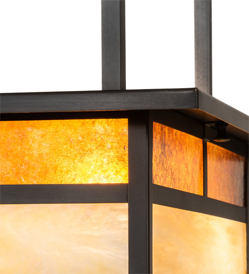 Meyda Lighting Hyde Park 18"Sq 2-Light Craftsman Brown "T" Mission Flush Mount Light With Beige Iridescent And Amber Mica Shade Glass